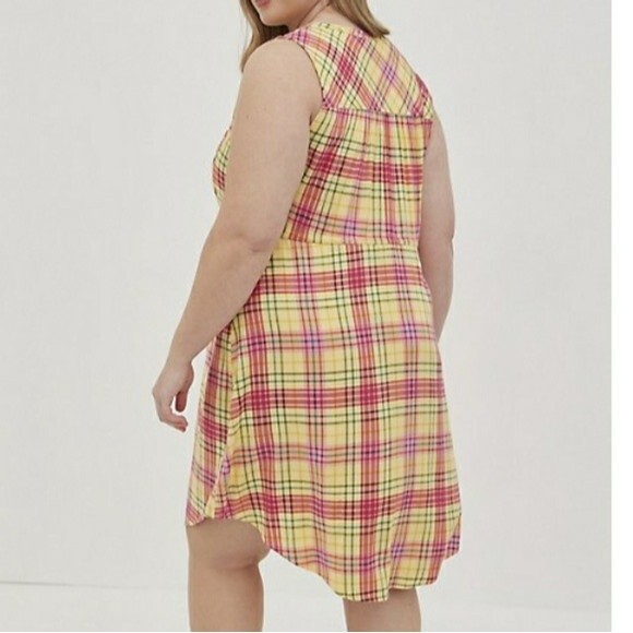 Mini Challis Zip Front Shirt Dress Yellow Fall Plaid Sleeveless Knee Length 3X - Picture 2 of 5
